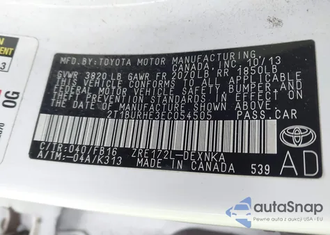 2014 Toyota Corolla Le z USA, uszkodzony, nr VIN 2T1BURHE3EC054505